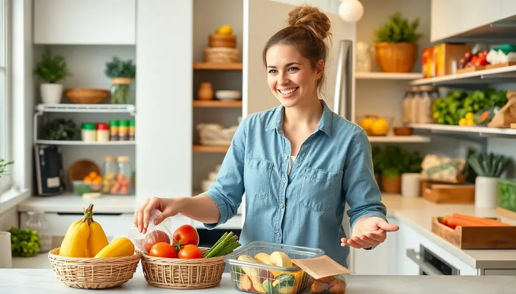 Homeowner arranging fresh groceries in a warm kitchen, representing budget-conscious meal planning.