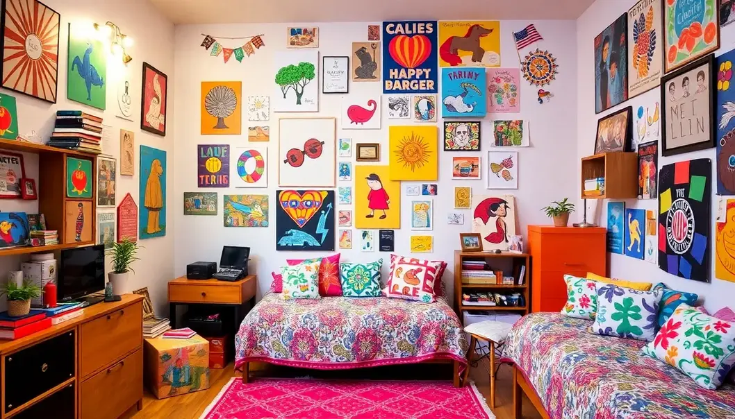 A college dorm room with colorful art pieces on the walls.