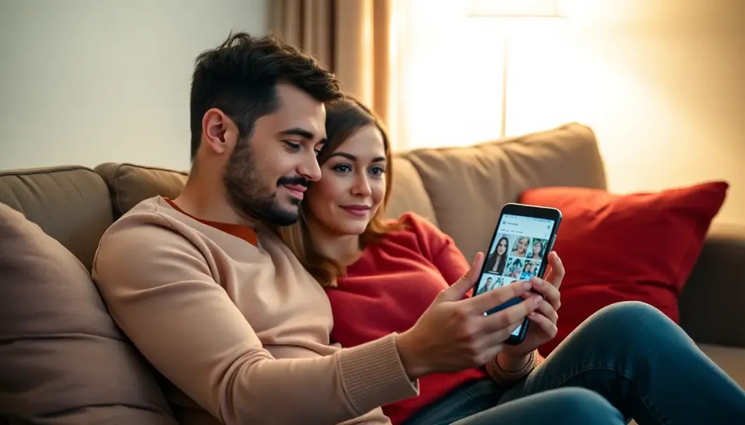 A couple harmoniously discerning the authenticity of online personas.