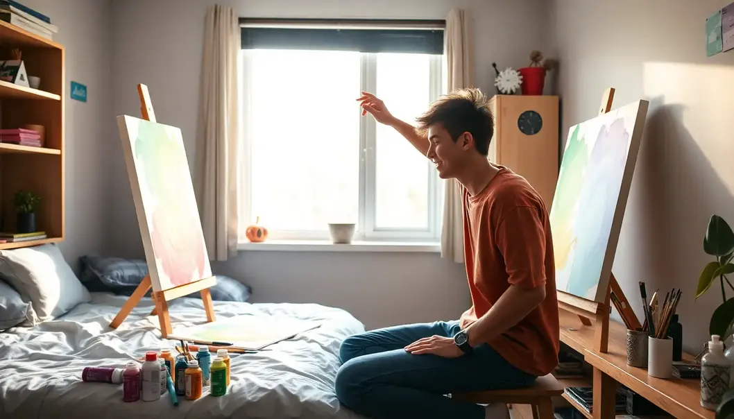 A college student crafting DIY art in dorm room.