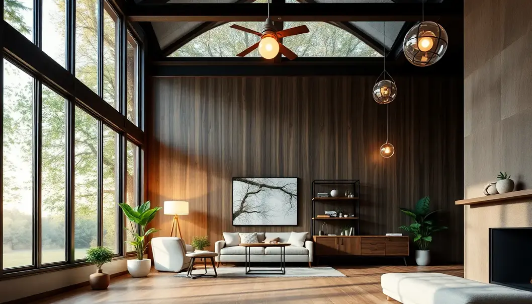 An interior with natural light and smart LED lighting, showcasing sustainable design.