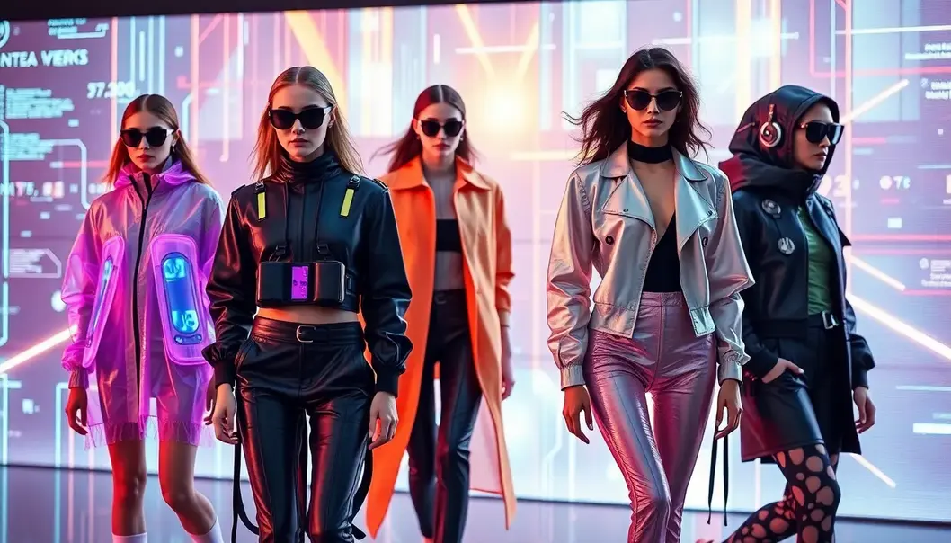 Collage of models in futuristic and sustainable outfits against a digital backdrop.