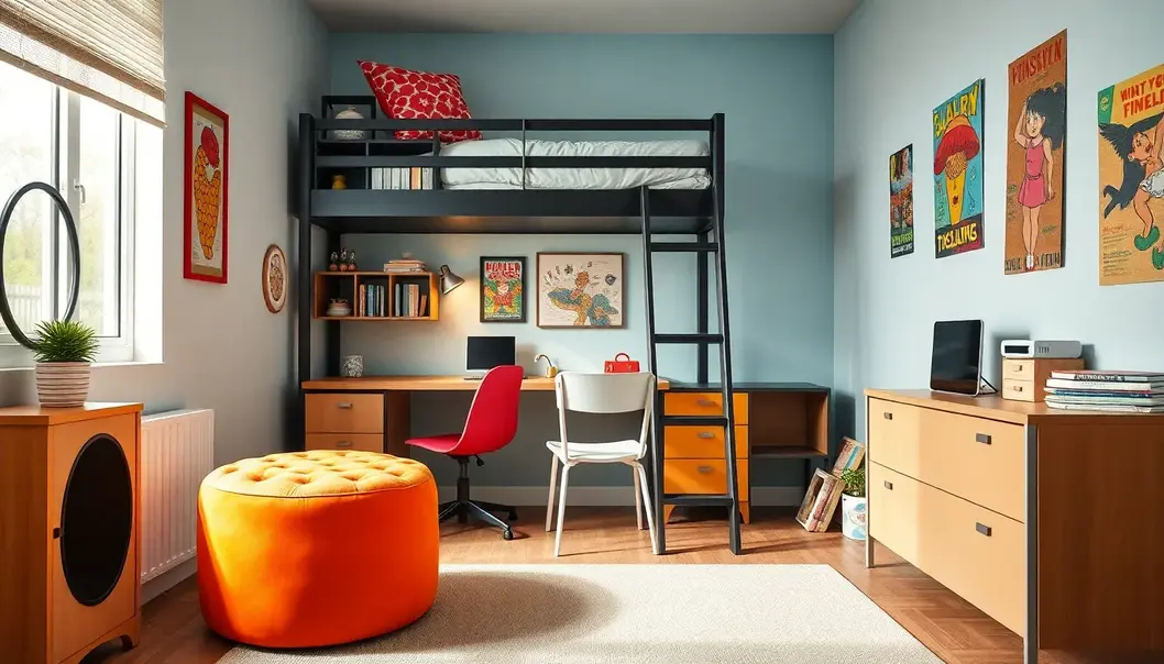 A teenage room that effectively uses multipurpose furniture to save space and enhance style.