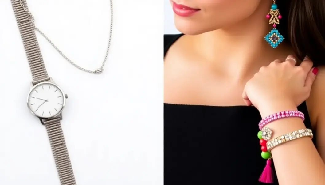 Split image of minimalist and maximalist accessory styles: simple watch and necklace next to vibrant earrings and bracelets.