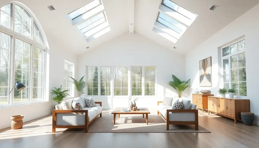 Natural light fills the living room, showcasing eco-conscious design.