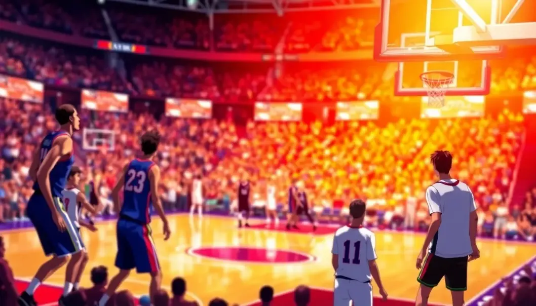 Action-packed NBA game with players and fans immersed in the moment, capturing the excitement seen in anime.