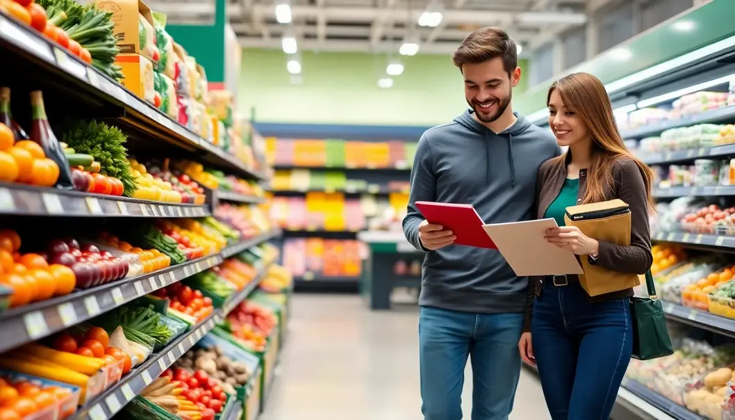Young couple shopping smartly in a grocery store, checking their list while surrounded by fresh produce.