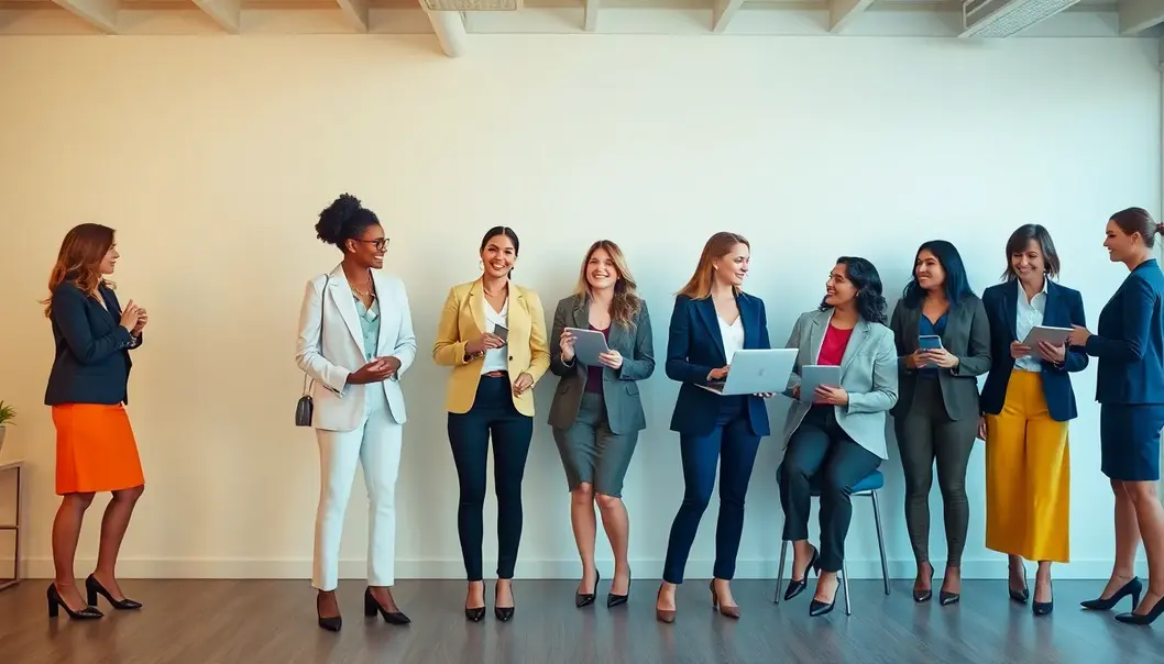 Diverse women in stylish office clothing interacting in a vibrant office.