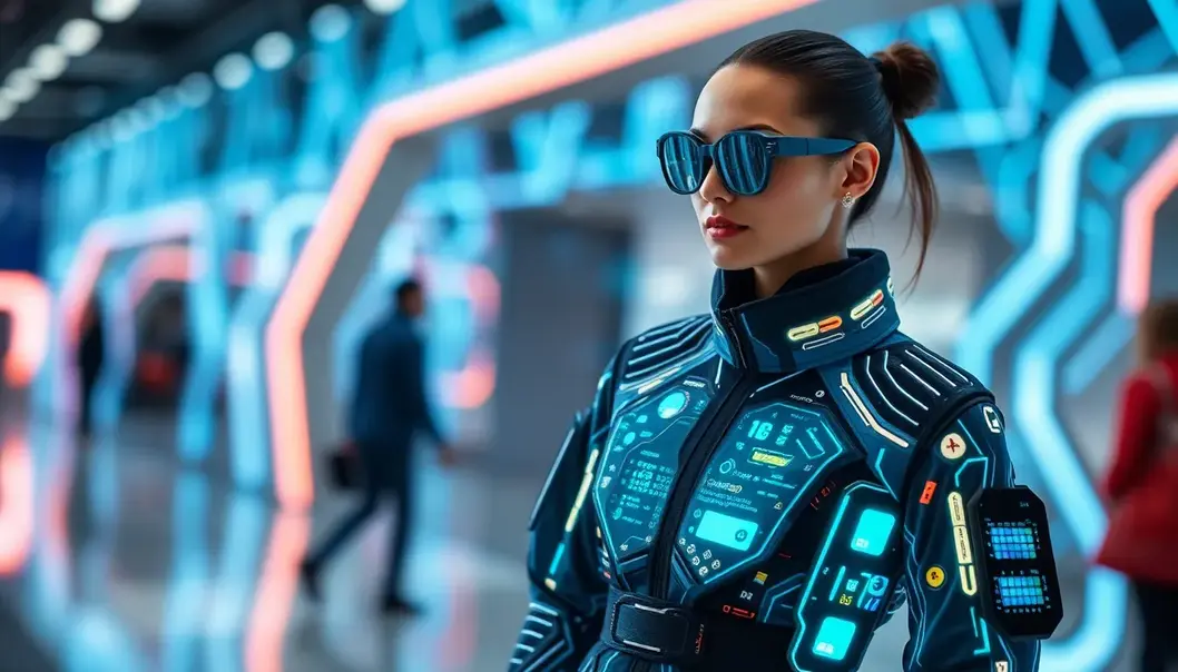 Model showcasing futuristic tech-infused wearables with advanced smart fabric features.