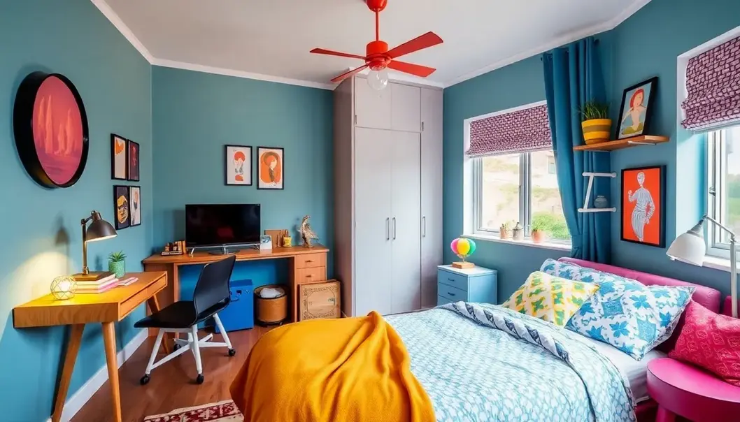 A small teenage bedroom with smart furniture and bright lighting, maximizing space and style.